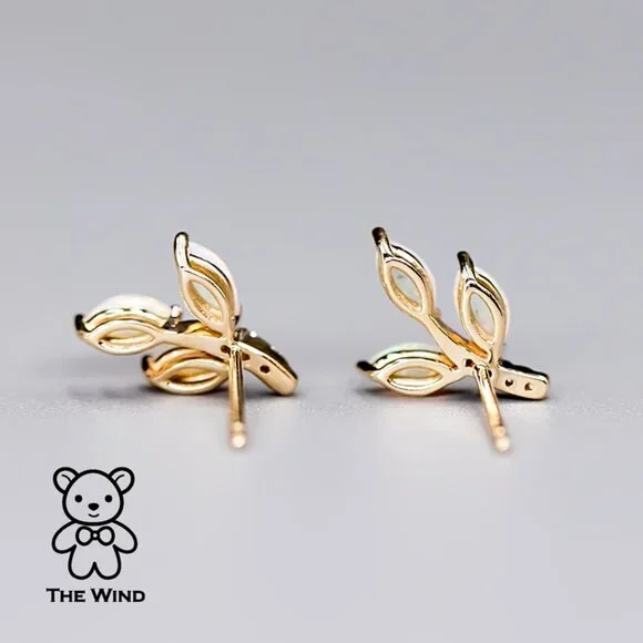 Olive Branch Leaf Design Australian Solid Opal Diamond Stud Earrings 14K Yellow - Picture 3 of 7